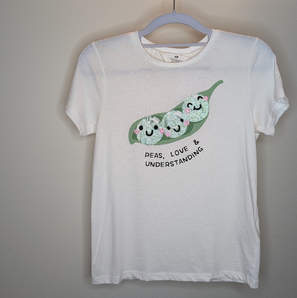 H&M White Tee with Green Peas Graphic